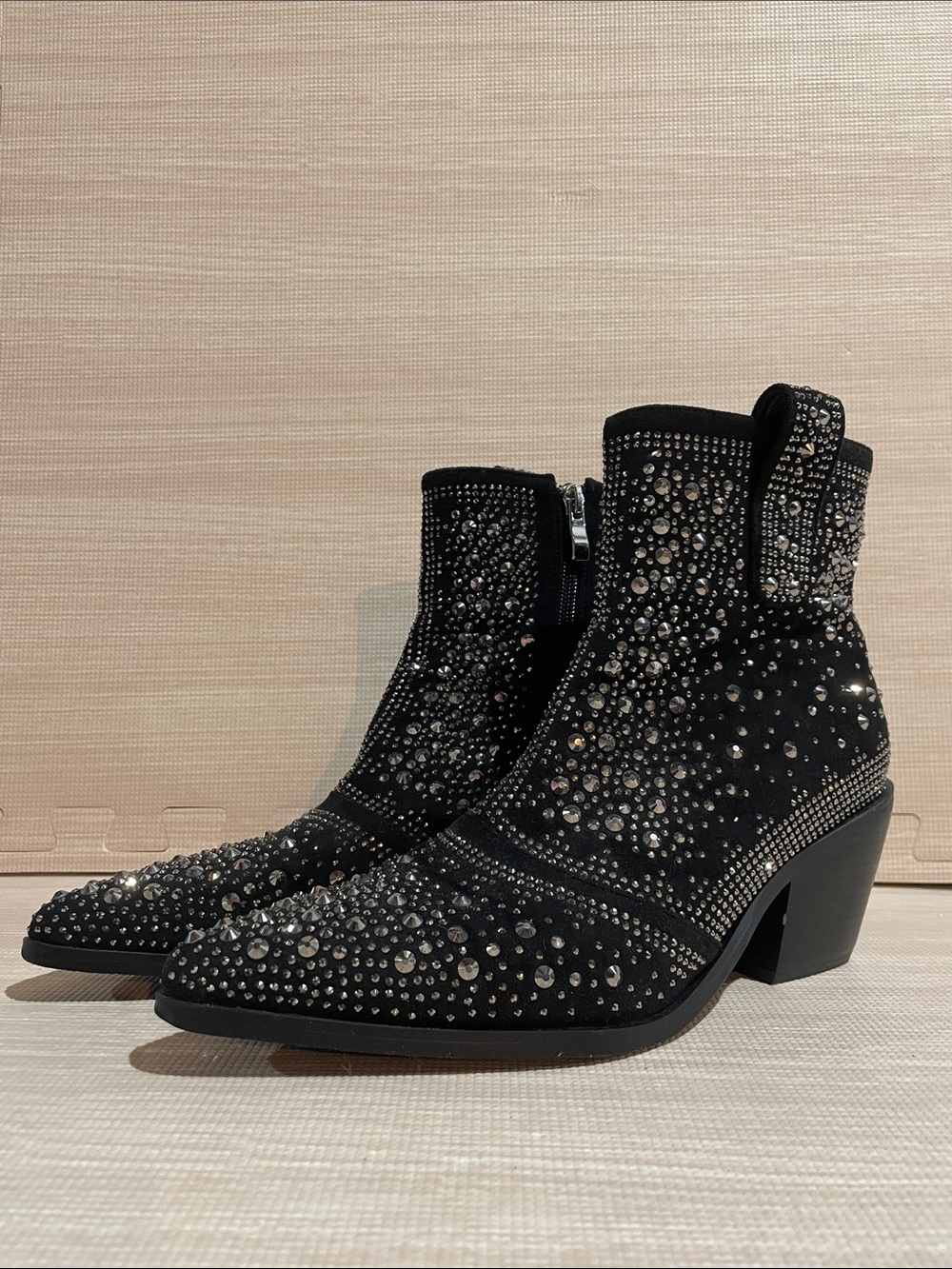 Embellished Black Western Ankle Booties with Crystal Studs